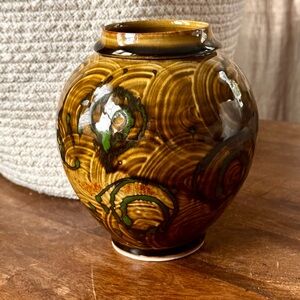 Vintage Studio Art Pottery Vase Stoneware Glossy Swirl Glaze Boho Earthy MCM 7”